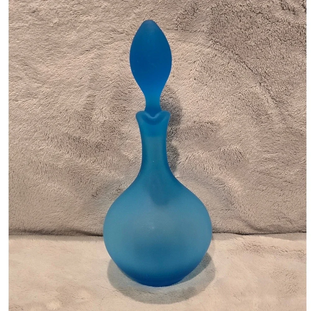 Vintage Frosted Blue Satin Glass Decanter with Stopper Hand Blown Art Glass Ewer